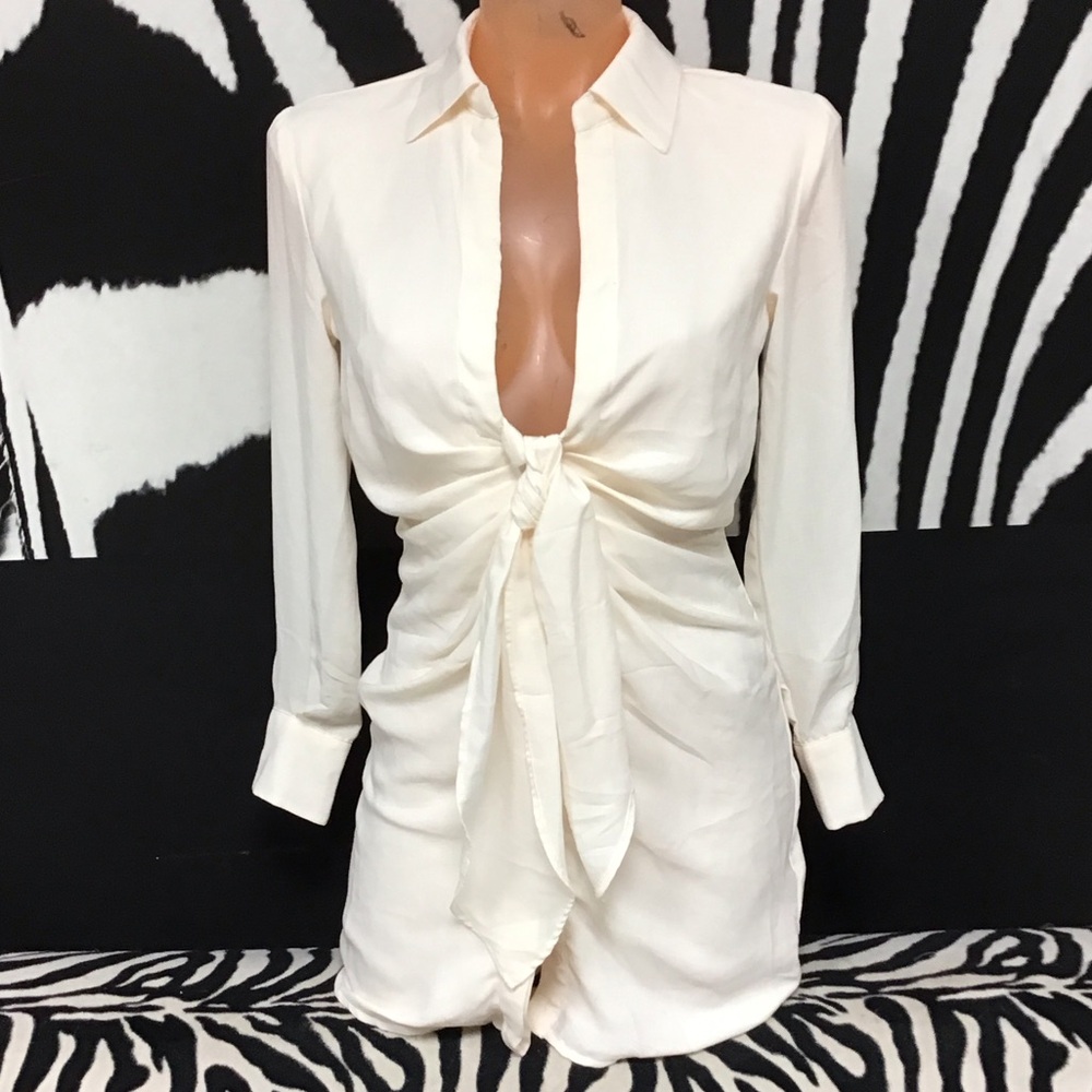 Elegant deep v neck cream shirt dress